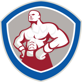 Illustration of a boxer wearing boxing gloves with hands on hips set inside shield  done in retro style on isolated background.