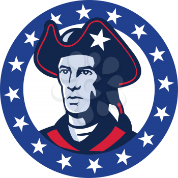 vector illustration of an american patriot minuteman militia revolutionary soldier set inside circle with stars around done in retro style.