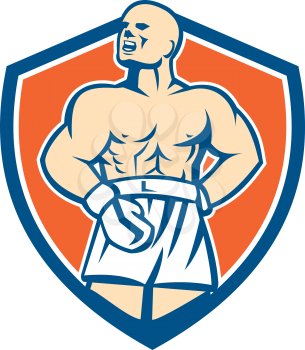 Illustration of a boxer wearing boxing gloves with hands on hips shouting looking up set inside shield crest done in retro style on isolated background.
