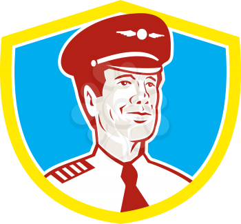 Illustration of an American airline aircraft pilot or aeronautical aviator looking to front set inside shield done in retro style.