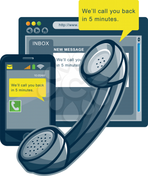 Illustration of a retro vintage corded telephone, smartphone cellphone and web browser interface with callout balloon saying we'll call you back in 5 minutes.