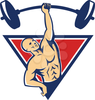Illustration of a weightlifter bodybuilder lifting weights barbell with one hand set inside triangle done in retro style.