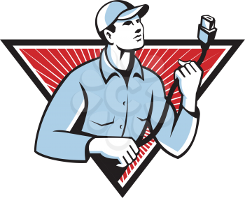 Illustration of a worker technician holding an HDMI cable set inside triangle done in retro style.