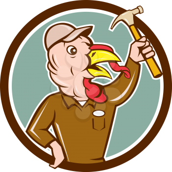 Illustration of a wild turkey builder holding clutching hammer looking to the side set inside circle done in cartoon style on isolated background.