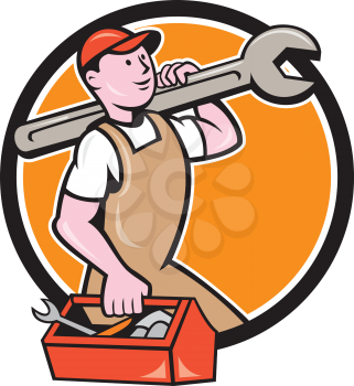 Illustration of a mechanic in overalls and hat holding spanner wrench on shoulder and carrying toolbox facing side set inside circle on isolated background done in cartoon style.