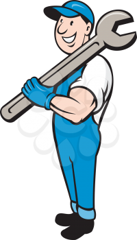Illustration of a mechanic in overalls and hat smiling holding spanner wrench on shoulder set on isolated white background done in cartoon style.