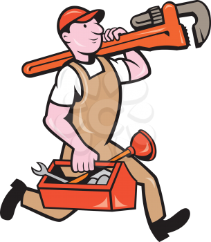 Illustration of a plumber in overalls and hat holding monkey wrench on shoulder and carrying toolbox running viewed from the side set on isolated white background done in cartoon style. 