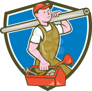 Illustration of a plumber in overalls and hat holding pipe on shoulder and carrying toolbox viewed from the side set inside shield crest on isolated background done in cartoon style. 