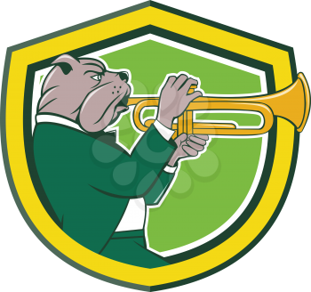 Illustration of a bulldog in a suit blowing trumpet viewed from the side set inside shield crest on isolated background done in cartoon style. 