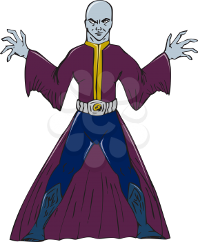 Illustration of a bald sorcerer facing front casting spell set on isolated white background done in cartoon style. 