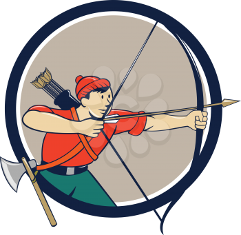 Illustration of an archer aiming with long bow and arrow viewed from side set inside circle done in cartoon style.