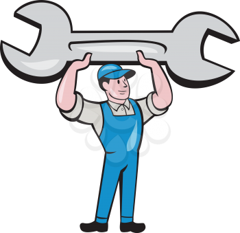 Illustration of a mechanic wearing hat and overalls looking to the side lifting giant spanner wrench viewed from front set on isolated white background done in cartoon style. 