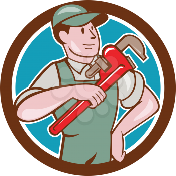 Illustration of a plumber in overalls and hat pointing monkey wrench looking to the side set inside circle on isolated background done in cartoon style. 