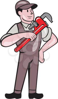 Illustration of a plumber in overalls and hat pointing monkey wrench standing looking to the side set inside on isolated white background done in cartoon style. 
