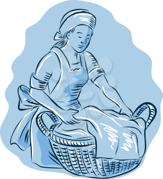 Etching engraving handmade style illustration of a laundry maid woman with basket full of clothes on isolated background. 