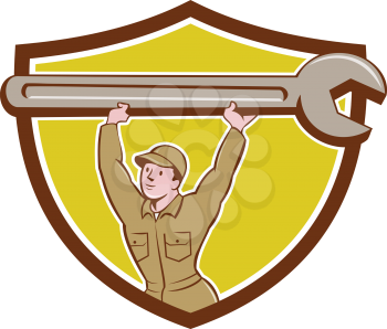 Illustration of a mechanic wearing hat and overalls looking to the side lifting giant spanner wrench over head viewed from front set inside circle on isolated background done in cartoon style. 
