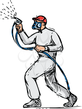 Drawing sketch style illustration of spray painter holding spray gun painting viewed from the side set on isolated white background. 