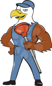 Illustration of an american bald eagle plumber wearing overalls and hat standing looking to the side holding plunger with one hand on hips  set on isolated white background done in cartoon style. 