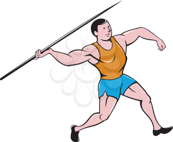 Illustration of a track and field athlete javelin throw viewed from side set on isolated white background done in cartoon style. 