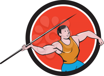 Illustration of a track and field athlete javelin throw viewed from side set inside circle on isolated background done in cartoon style. 