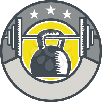 Illustration of a kettlebell hanging on a barbell set inside circle with stars done in retro style. 
