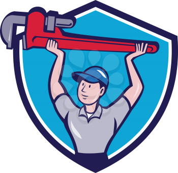 Illustration of a plumber lifting giant monkey wrench over head looking to the side viewed from front set inside shield crest on isolated background done in cartoon style. 