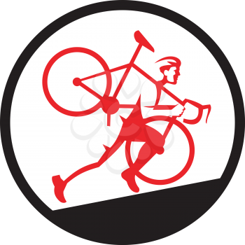 Illustration of a cyclocross athlete carrying bicycle on shoulder running uphill viewed from the side set inside circle on isolated background done in retro style. 