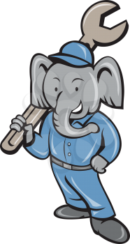 Illustration of an elephant mechanic standing holding spanner on shoulder with one hand on hips viewed from front set on isolated white background done in cartoon style. 