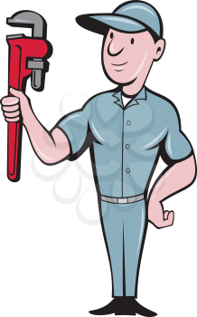 Illustration of a repairman handyman worker wearing hat standing with one hand on hips carrying holding monkey wrench looking to the side viewed from front set on isolated white background done in car