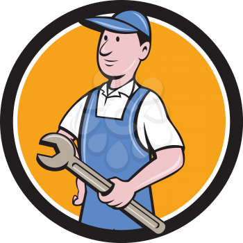 Illustration of a repairman handyman worker wearing hat and overalls holding spanner wrench looking to the side viewed from front set inside circle done in cartoon style. 