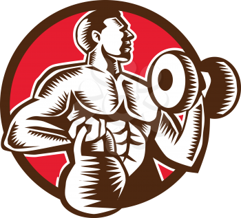 Illustration of an athlete weightlifter lifting kettlebell with one hand and pumping dumbbell on the other hand facing side set inside circle on isolated background done in retro woodcut style.
