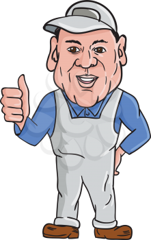 Illustration of an oven cleaner technician wearing hat and overalls with thumbs up facing front set on isolated white background done in cartoon style. 