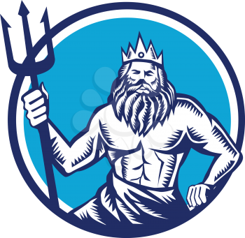 Illustration of a poseidon god of the sea holding trident viewed from front set inside circle on isolated background done in retro woodcut style. 