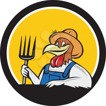 Illustration of a chicken farmer wearing overalls and hat holding pitchfork viewed from front set inside circle on isolated background done in cartoon style. 