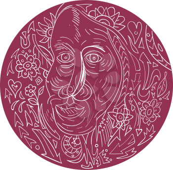 Mandala style illustration of a face of an old woman viewed from front set inside circle. 