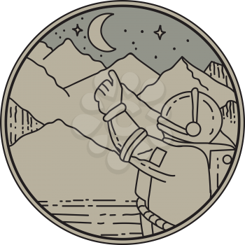 Mono line style illustration of an astronaut pointing at moon and stars with mountain in the background set inside circle. 