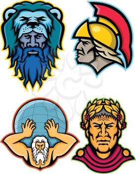 Mascot icon illustration set of heads of Roman and Greek heroes and gods in mythology  like Hercules or Heracles, Achilles or Achilleus, Atlas lifting globe and Gaius Julius Caesar  viewed from  on isolated background in retro style.