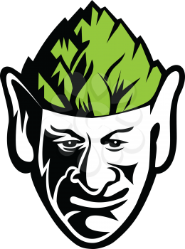 Mascot icon illustration of head of an elf, human-shaped supernatural being, wearing a hops hat viewed from front on isolated background in retro style.