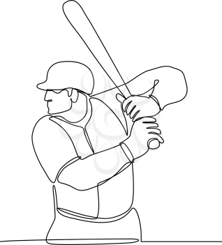 Continuous line illustration of a baseball player with bat batting viewed from side  done in black and white monoline style.