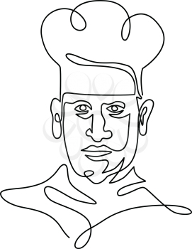 Continuous line illustration of head of a chef, cook or baker wearing toque hat viewed from front done in black and white monoline style.