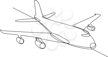 Continuous line illustration of jumbo jet passenger plane airliner or airplane flying in full flight in mid-air done in black and white monoline style.