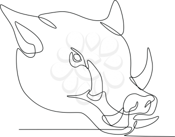Continuous line illustration of a wild pig, hog, boar or razorback head viewed from side done in black and white monoline style.