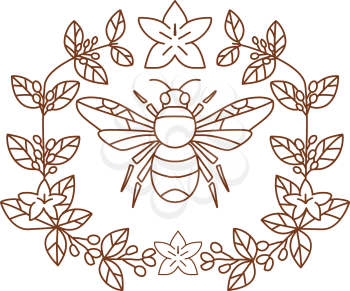 Icon style illustration of Bumblebee  member of genus Bombus, part of Apidae with open wing and framed with Coffee Flower floral Leaves on isolated background.