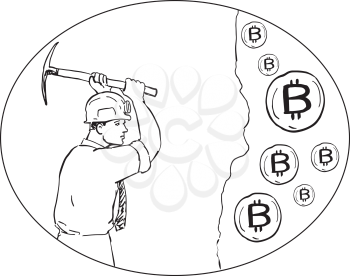 Drawing sketch style illustration of bitcoin miner mining hacking with pick axe digging for Cryptocurrency set inside oval on isolated background.