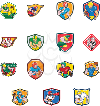 Collection of cartoon character icon style illustration of American football player in different positions like quarterback, running back, center,wide receiver set inside shield on isolated white background.
