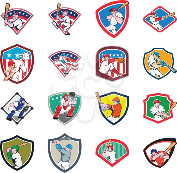 Collection of cartoon icon illustration of American baseball player, pitcher or batter, batting, pitching or throwing ball set inside shield isolated on white background.