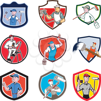 Set or collection of cartoon character mascot style illustration of house or domestic painter, builder, handyman, decorator, contractor or renovator set in crest on isolated white background.