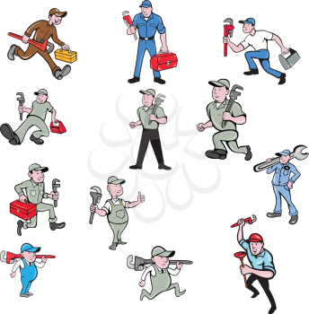 Set or collection of cartoon character mascot style illustration of a plumber contractor in overalls and hat carrying monkey wrench and toolbox walking, running and standing on isolated white background.