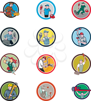 Set or collection of cartoon character mascot style illustration of a plumber contractor in overalls and hat carrying monkey wrench and toolbox set inside circle on isolated white background.