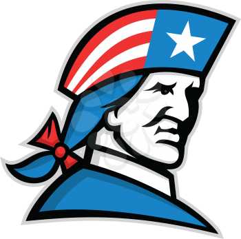 Mascot icon illustration of head of an American patriot, minuteman or revolutionary soldier with USA flag stars and stripes on his tricorn hat viewed from side on isolated background in retro style.